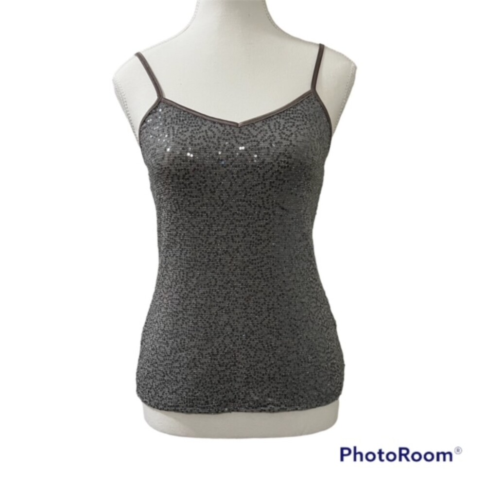 EXPRESS Gray Silver Sequins Spaghetti Strap Metallic Cami Tank Top Glitters SzXS